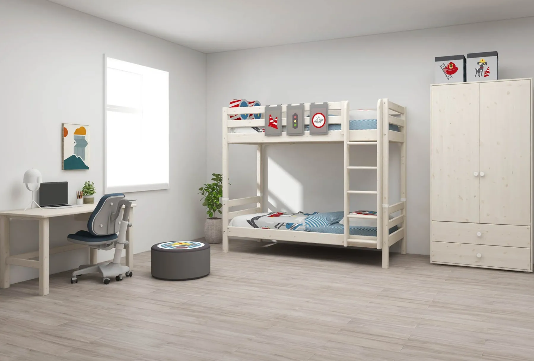 FLEXA Etagenbett mit zusätzlicher Höhe und senkrechter Leiter Whitewashedpine New