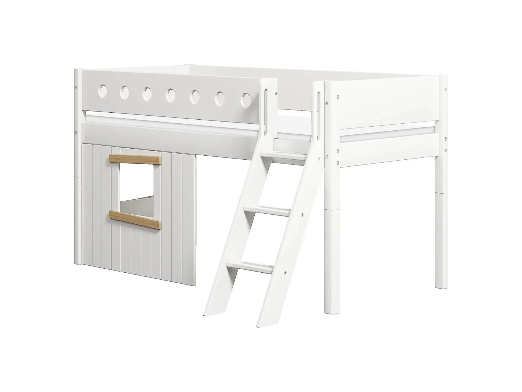FLEXA Mittelhohes Bett, mit Schrägleiter & Baumhaus-Bettenfronten, Holz White/oak Best