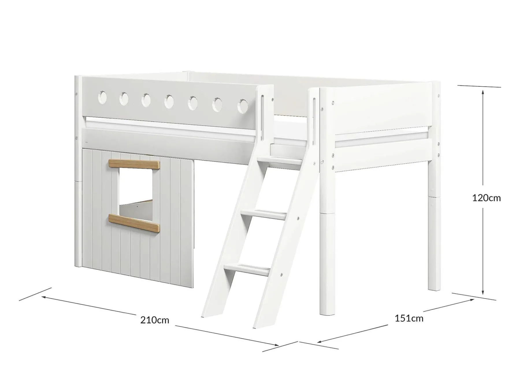 FLEXA Mittelhohes Bett, mit Schrägleiter & Baumhaus-Bettenfronten, Holz White/oak Best